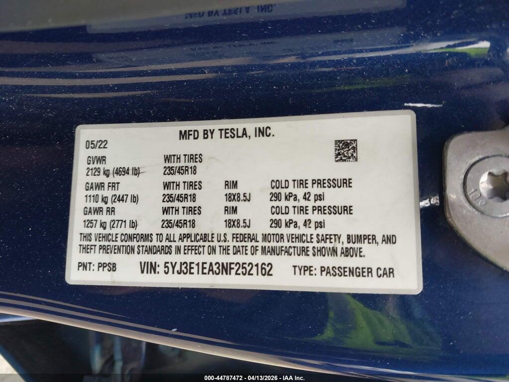 5YJ3E1EA3NF252162 2022 TESLA MODEL 3 photo no. 9