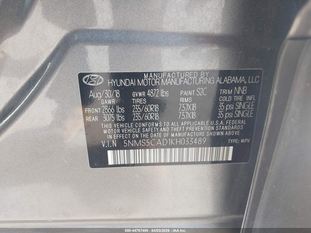 5NMS5CAD1KH033489 2019 HYUNDAI SANTA FE photo no. 9