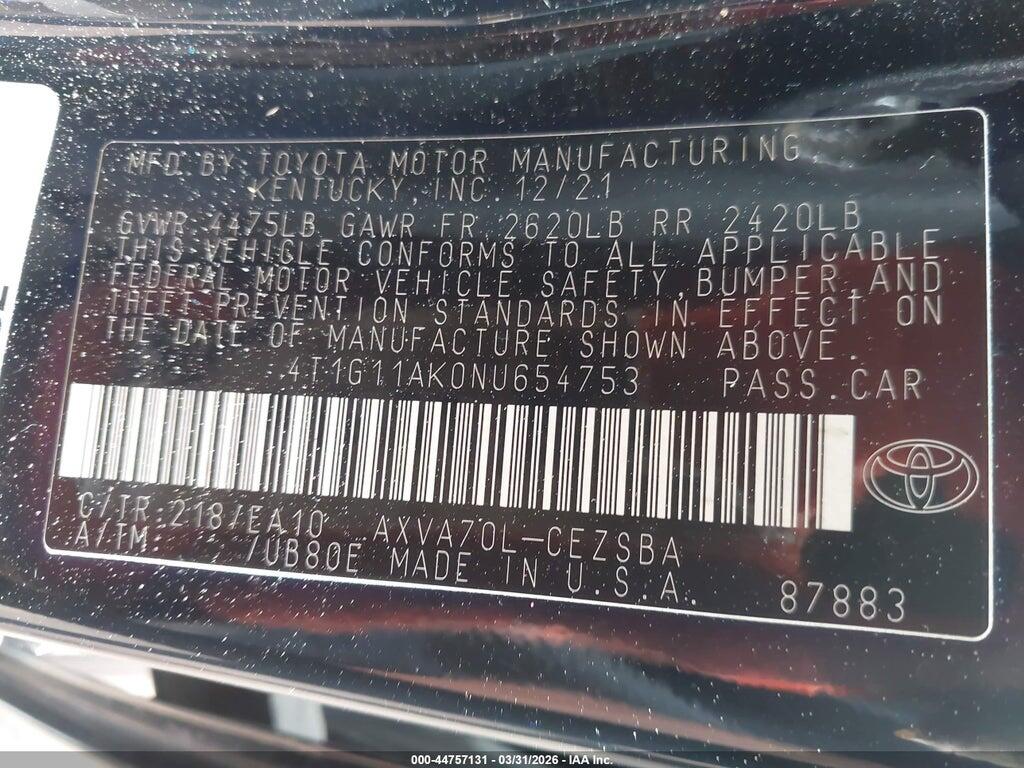 4T1G11AK0NU654753 2022 TOYOTA CAMRY photo no. 9