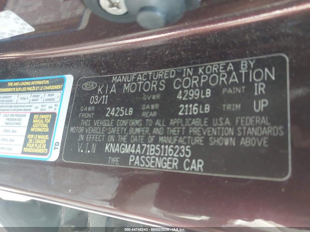 KNAGM4A71B5116235 2011 KIA OPTIMA photo no. 9