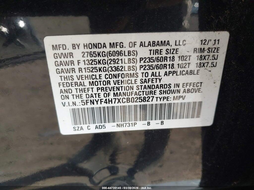 5FNYF4H7XCB025827 2012 HONDA PILOT photo no. 9
