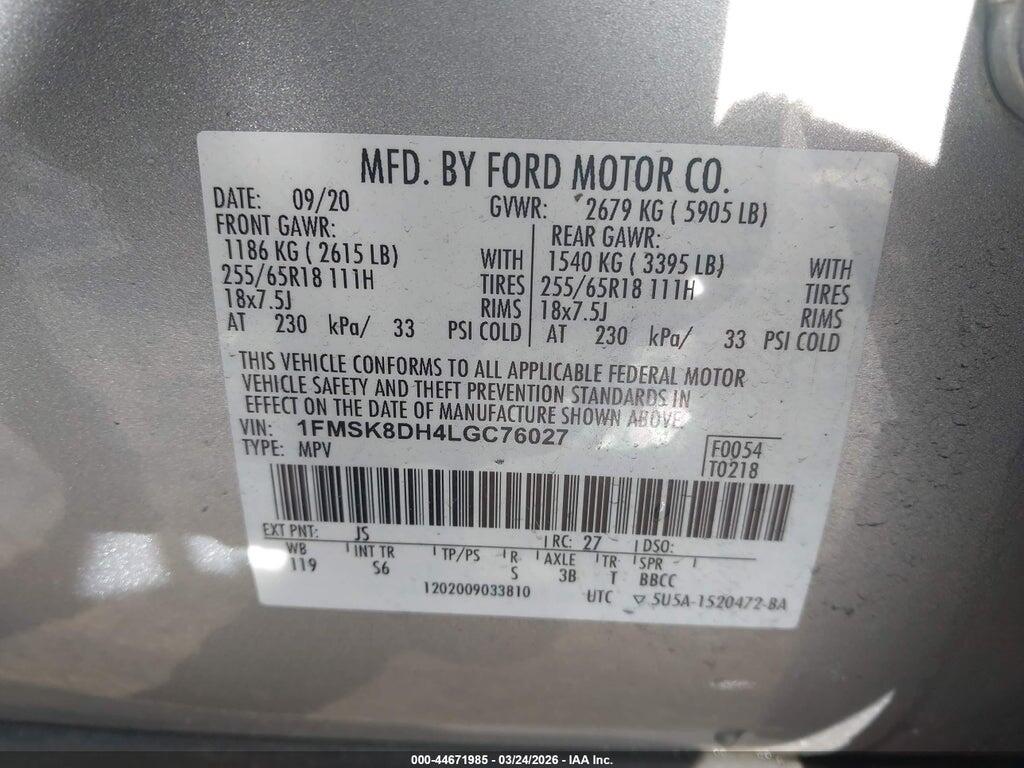 1FMSK8DH4LGC76027 2020 FORD EXPLORER photo no. 9