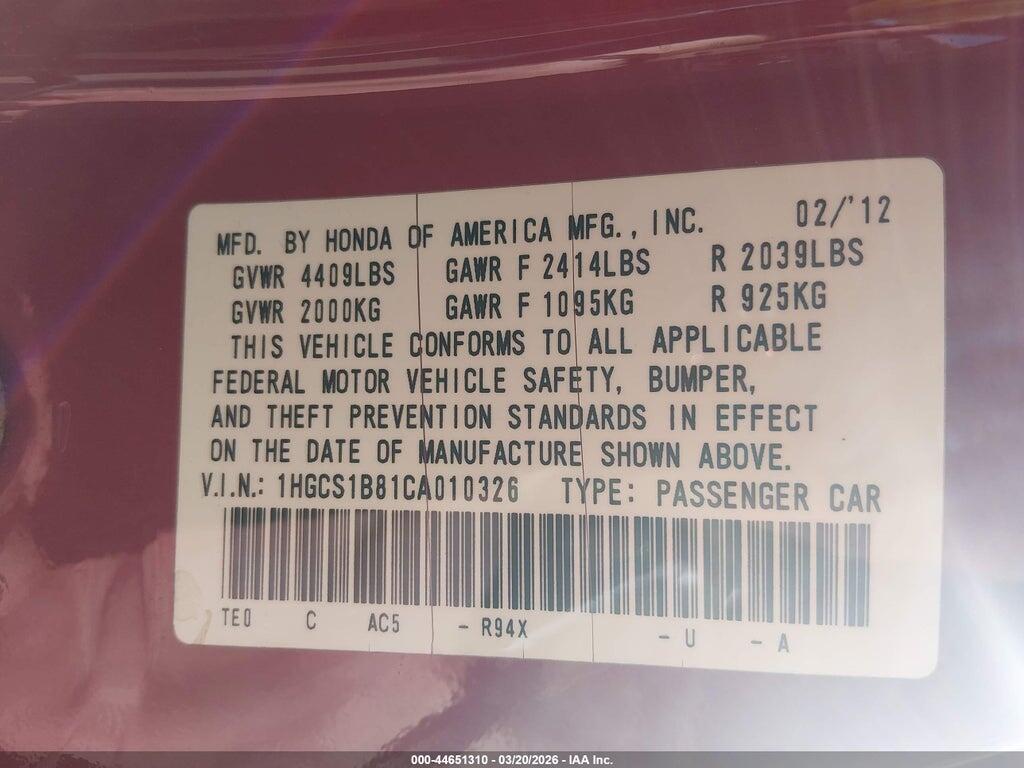 1HGCS1B81CA010326 2012 HONDA ACCORD photo no. 9