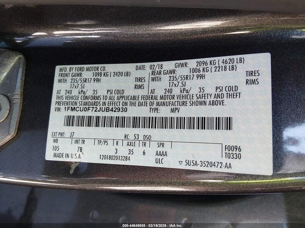 1FMCU0F72JUB42930 2018 FORD ESCAPE photo no. 9