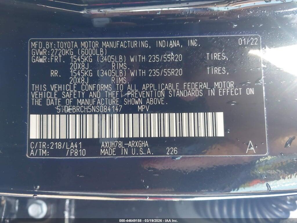 5TDEBRCH5NS084147 2022 TOYOTA HIGHLANDER photo no. 9