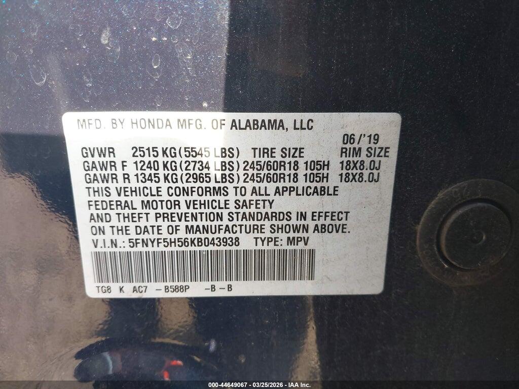 5FNYF5H56KB043938 2019 HONDA PILOT photo no. 9