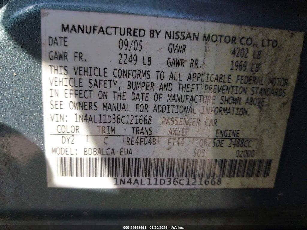 1N4AL11D36C121668 2006 NISSAN ALTIMA photo no. 9