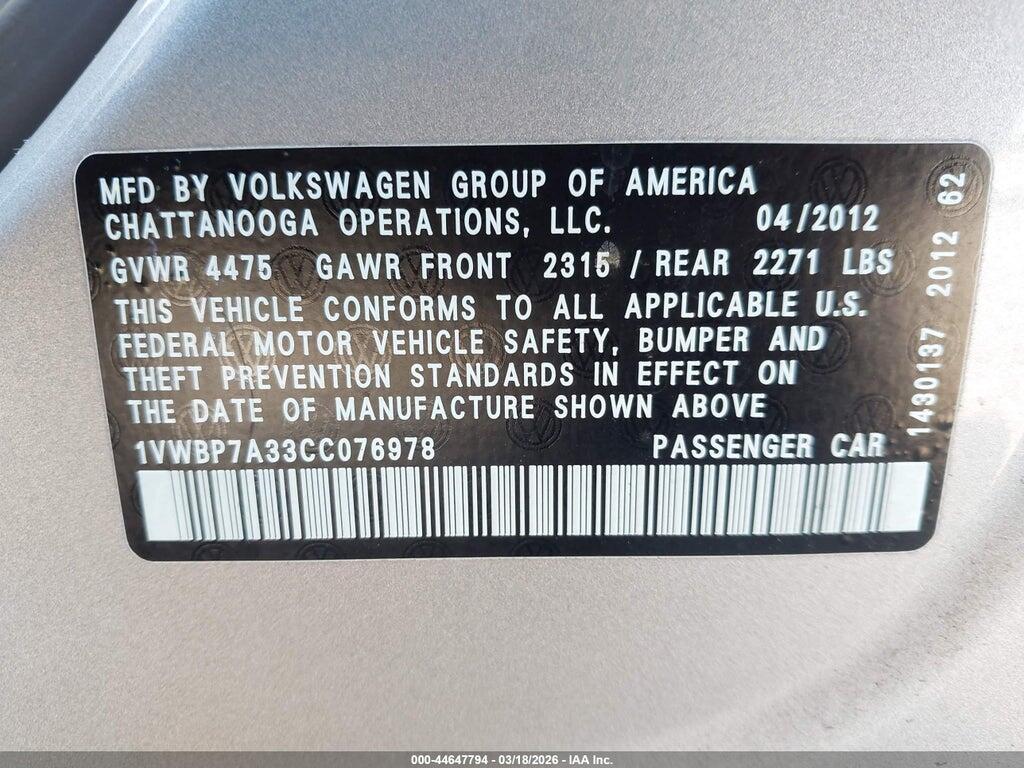 1VWBP7A33CC076978 2012 VOLKSWAGEN PASSAT photo no. 9