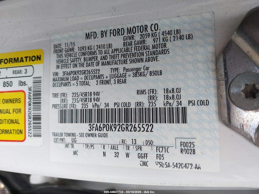 3FA6P0K92GR265522 2016 FORD FUSION photo no. 9