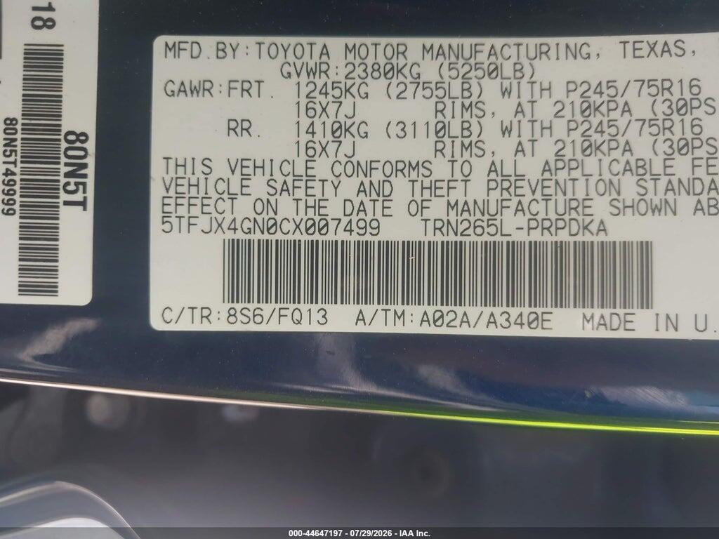 5TFJX4GN0CX007499 2012 TOYOTA TACOMA photo no. 9
