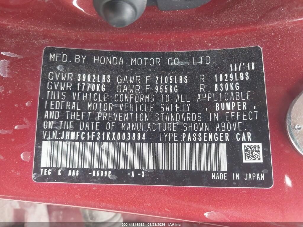 JHMFC1F31KX003894 2019 HONDA CIVIC photo no. 9