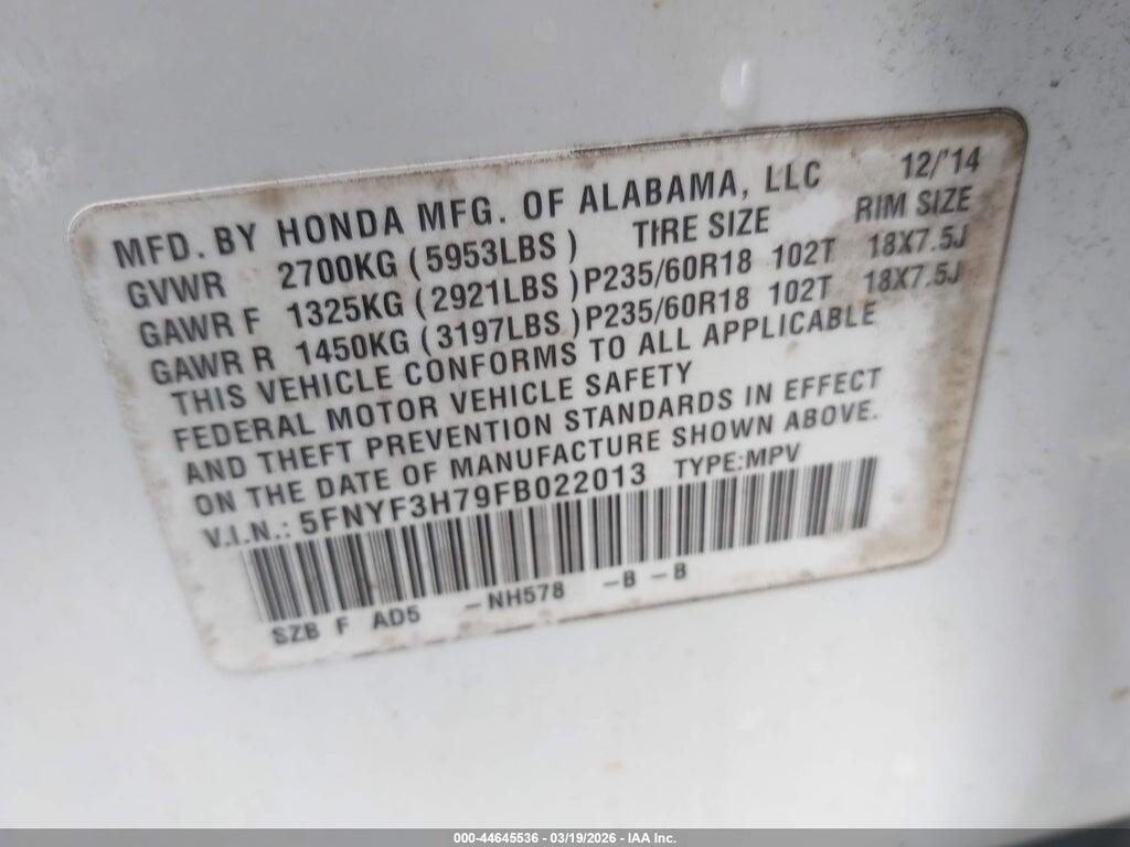 5FNYF3H79FB022013 2015 HONDA PILOT photo no. 9