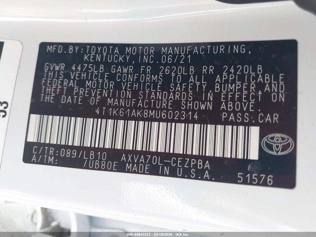 4T1K61AK8MU602314 2021 TOYOTA CAMRY photo no. 9