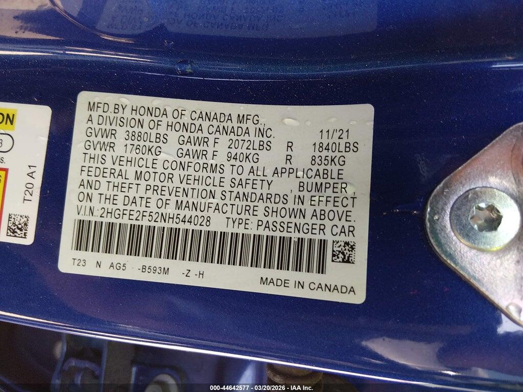2HGFE2F52NH544028 2022 HONDA CIVIC photo no. 9