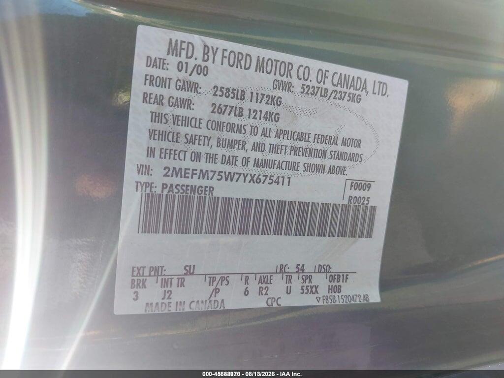 2MEFM75W7YX675411 2000 MERCURY GRAND MARQUIS photo no. 9