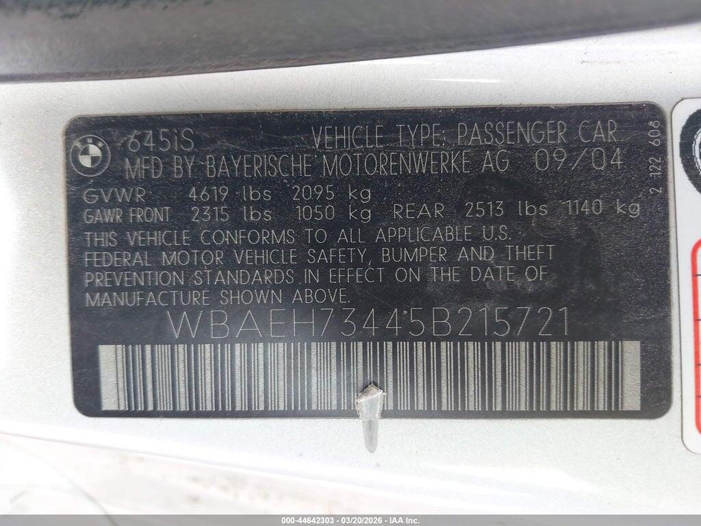 WBAEH73445B215721 2005 BMW 645CI photo no. 9