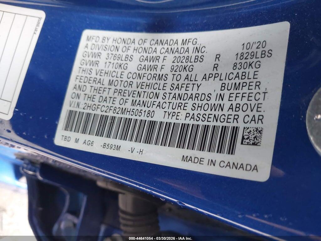2HGFC2F82MH505180 2021 HONDA CIVIC photo no. 9