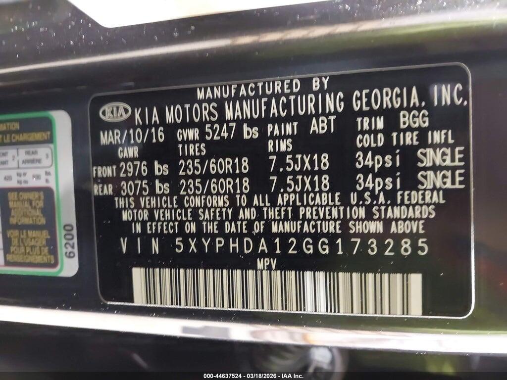 5XYPHDA12GG173285 2016 KIA SORENTO photo no. 9