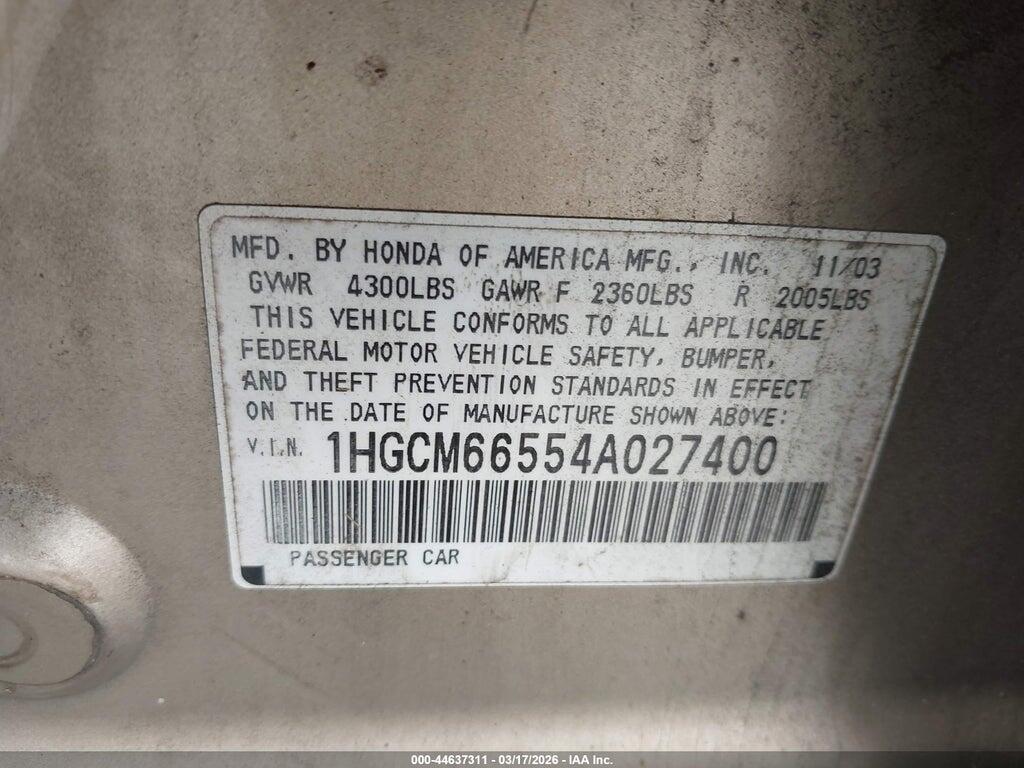 1HGCM66554A027400 2004 HONDA ACCORD photo no. 9