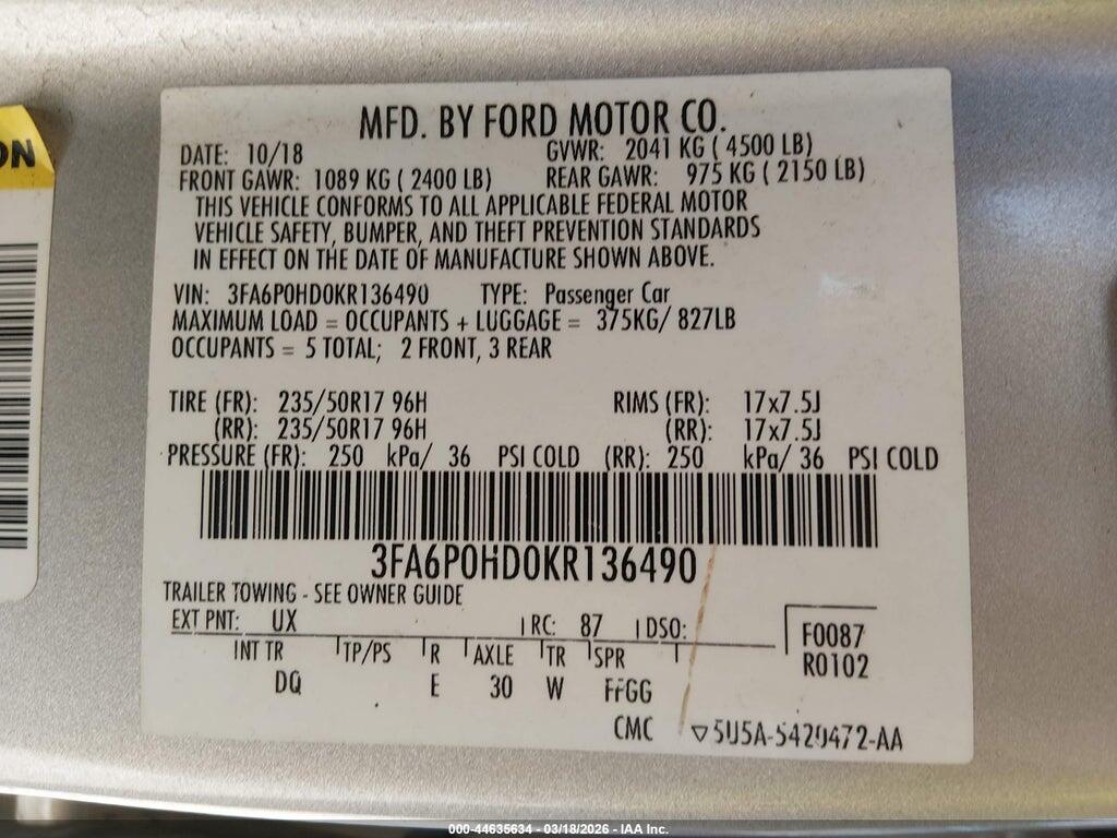 3FA6P0HD0KR136490 2019 FORD FUSION photo no. 9