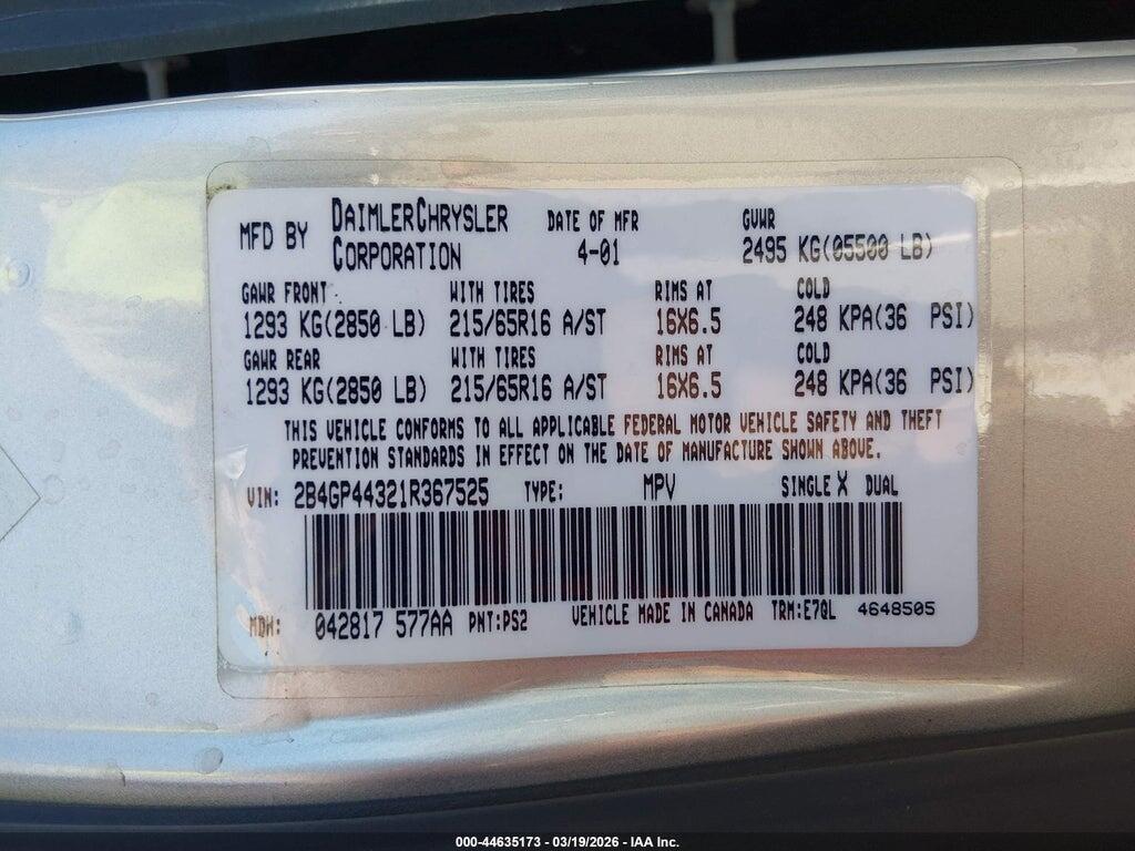 2B4GP44321R367525 2001 DODGE GRAND CARAVAN photo no. 9
