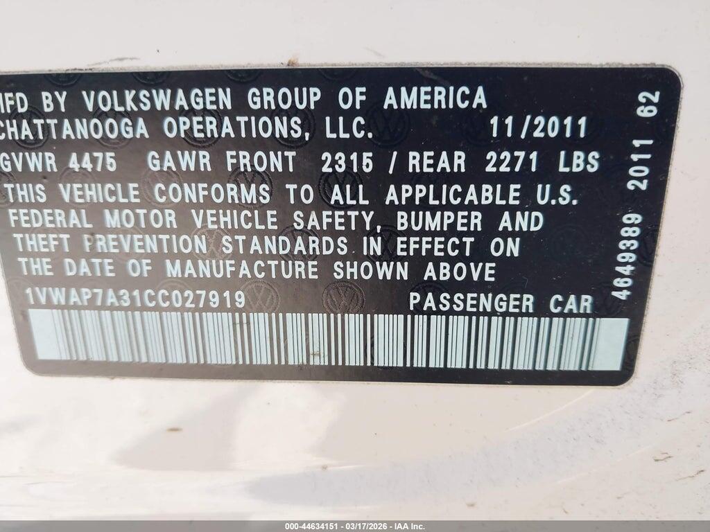 1VWAP7A31CC027919 2012 VOLKSWAGEN PASSAT photo no. 9