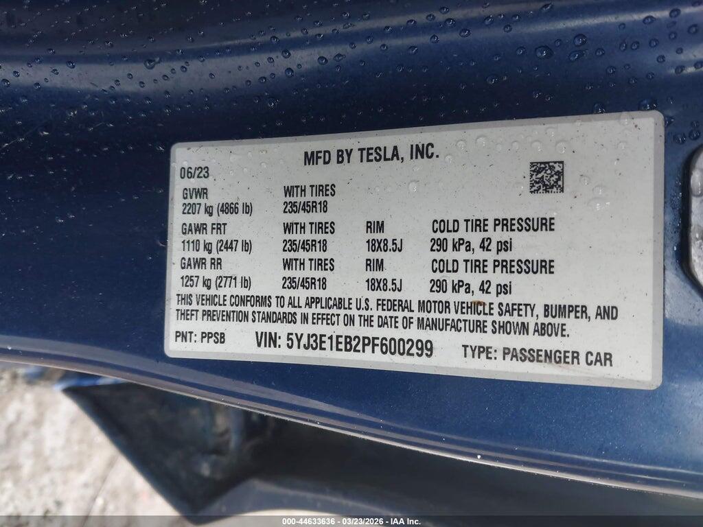 5YJ3E1EB2PF600299 2023 TESLA MODEL 3 photo no. 9