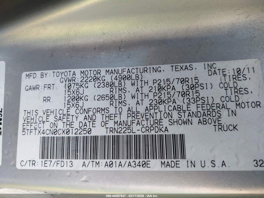 5TFTX4CN0CX012250 2012 TOYOTA TACOMA photo no. 9