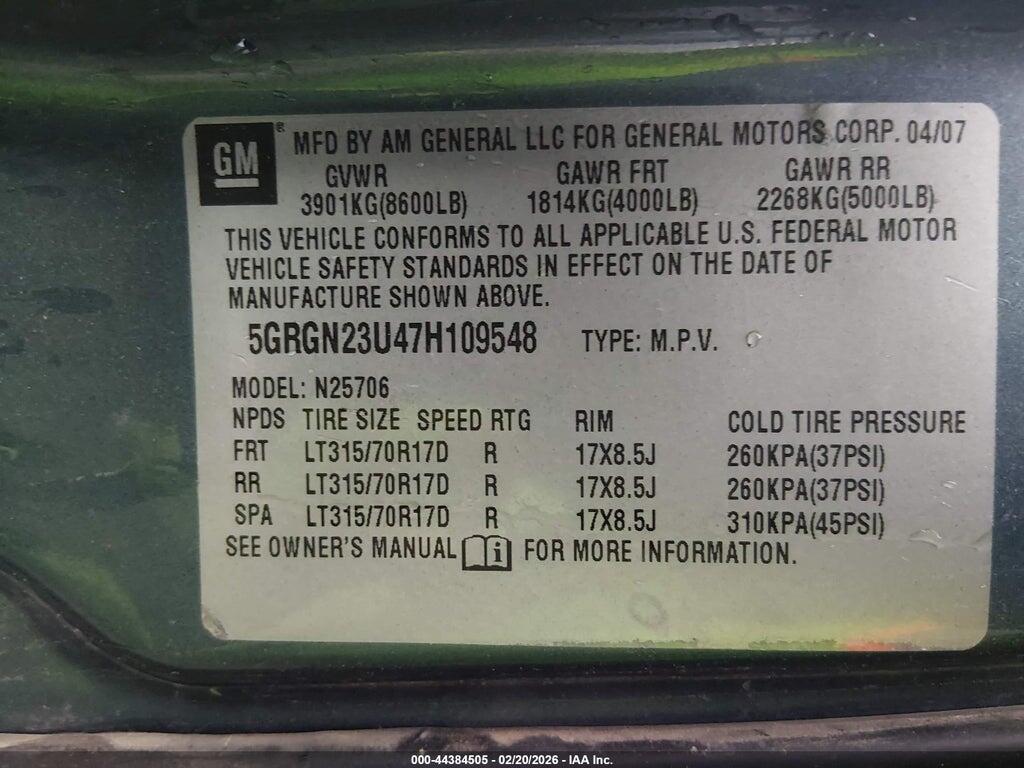 5GRGN23U47H109548 2007 HUMMER H2 SUV photo no. 9
