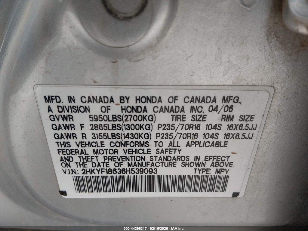 2HKYF18636H539093 2006 HONDA PILOT photo no. 9