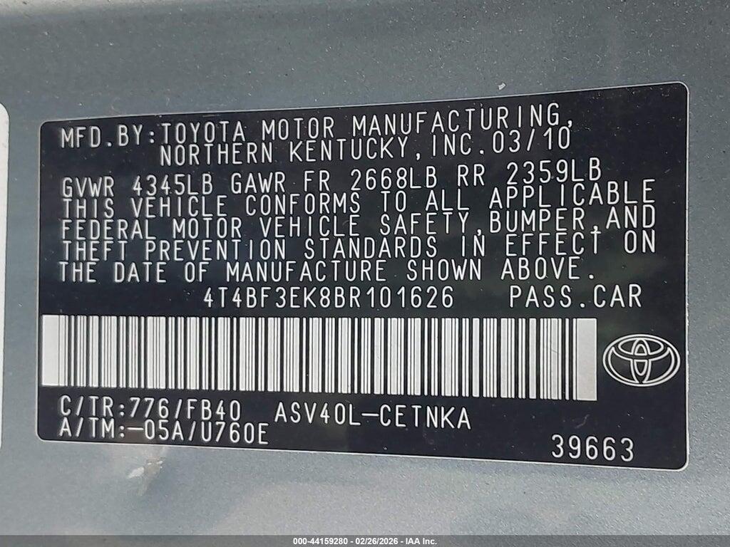 4T4BF3EK8BR101626 2011 TOYOTA CAMRY photo no. 9