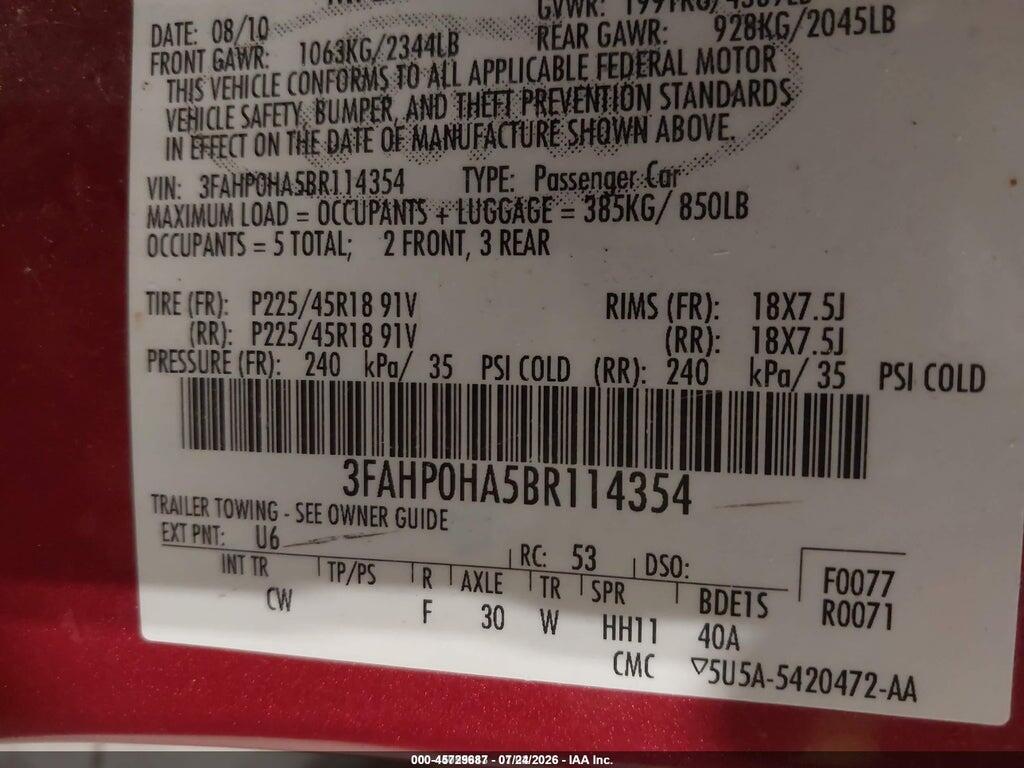 3FAHP0HA5BR114354 2011 FORD FUSION photo no. 9
