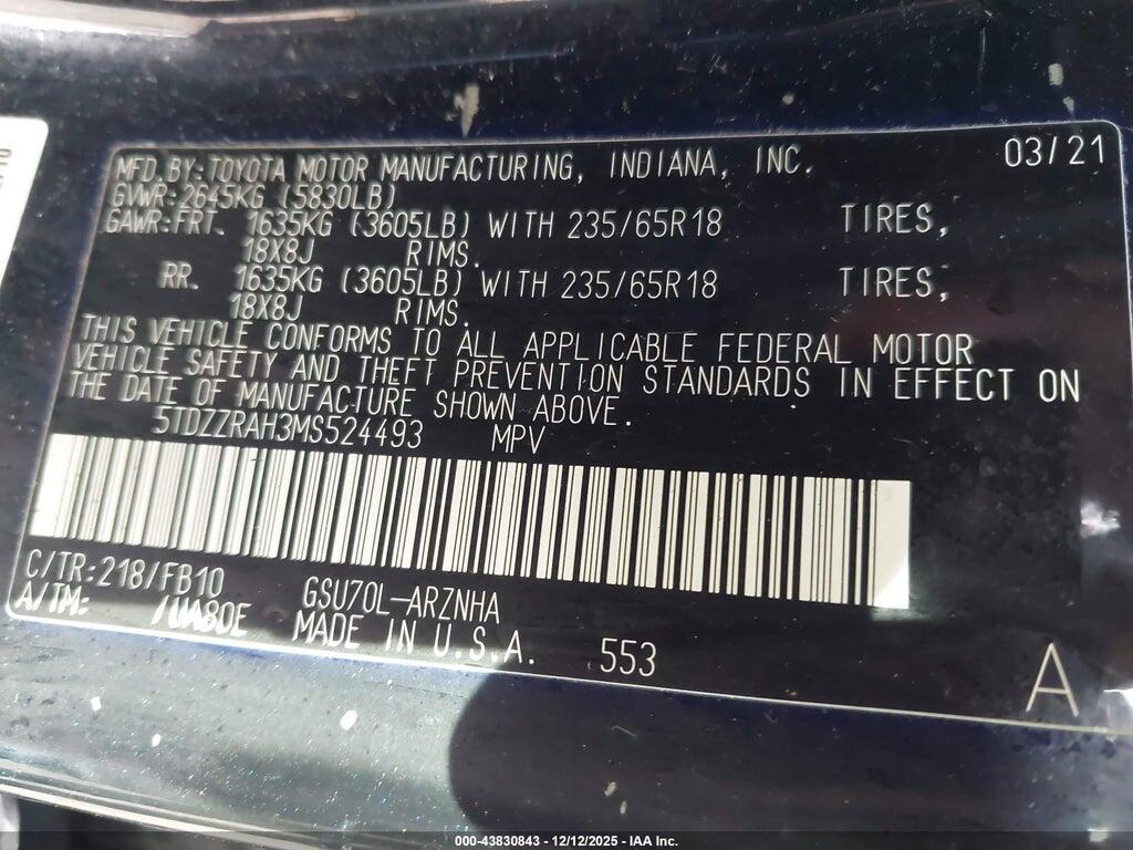 5TDZZRAH3MS524493 2021 TOYOTA HIGHLANDER photo no. 9