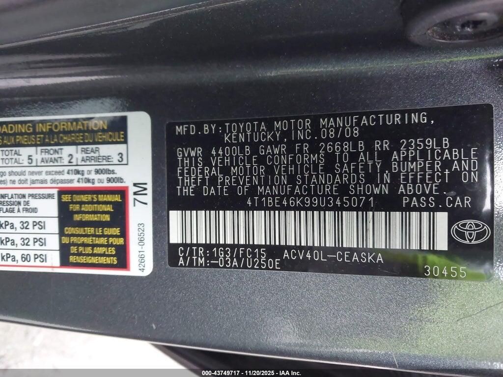 4T1BE46K99U345071 2009 TOYOTA CAMRY photo no. 9