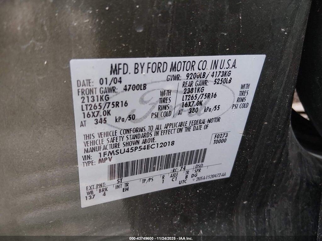 1FMSU45P54EC12018 2004 FORD EXCURSION photo no. 9