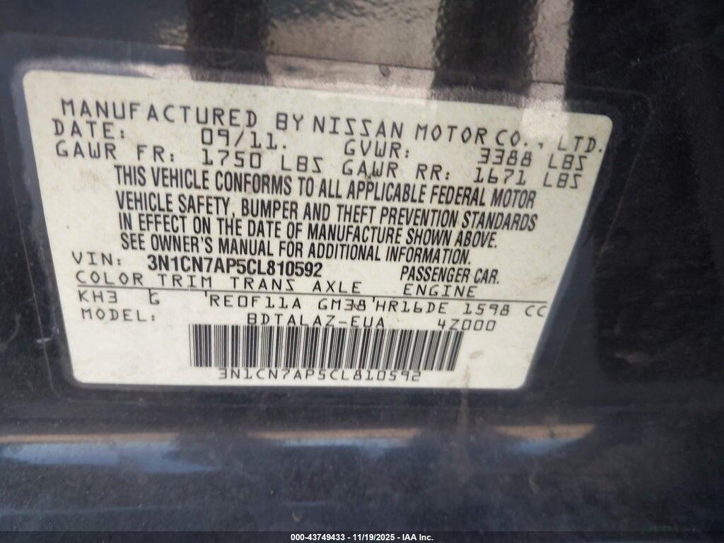 3N1CN7AP5CL810592 2012 NISSAN VERSA photo no. 9