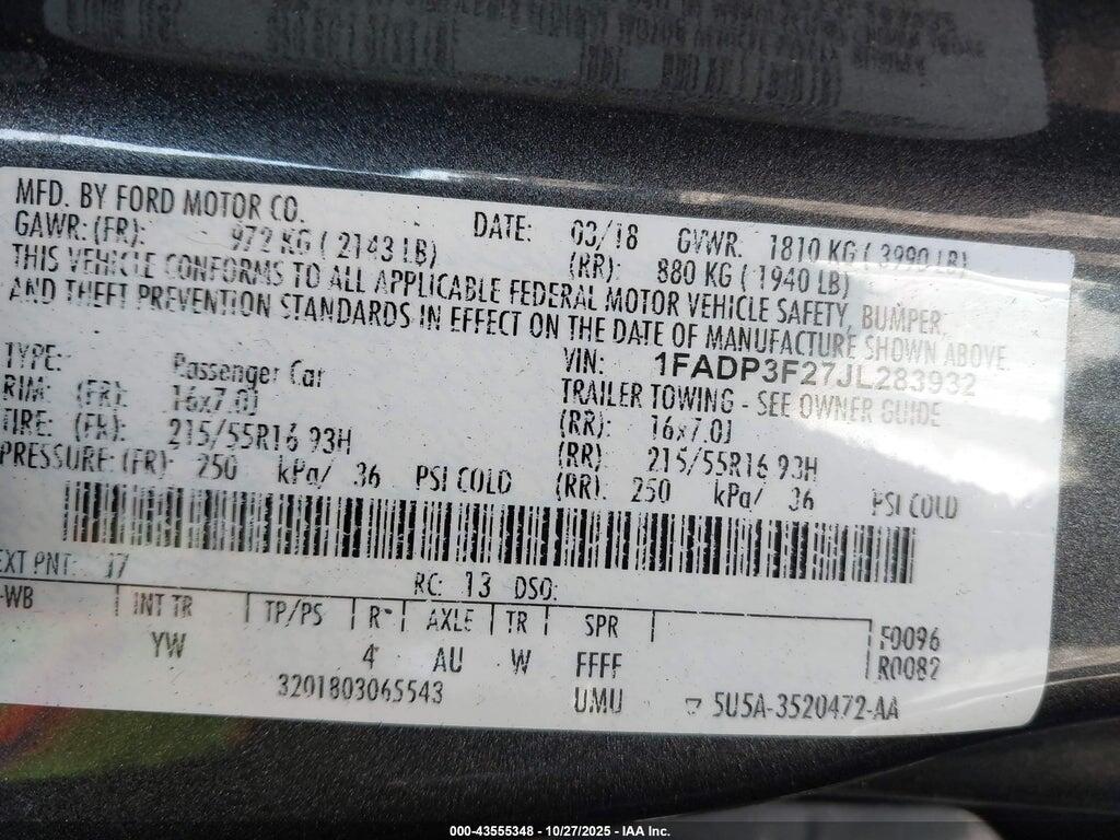 1FADP3F27JL283932 2018 FORD FOCUS photo no. 9