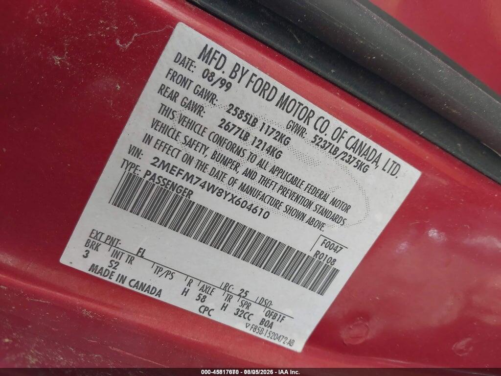 2MEFM74W8YX604610 2000 MERCURY GRAND MARQUIS photo no. 9