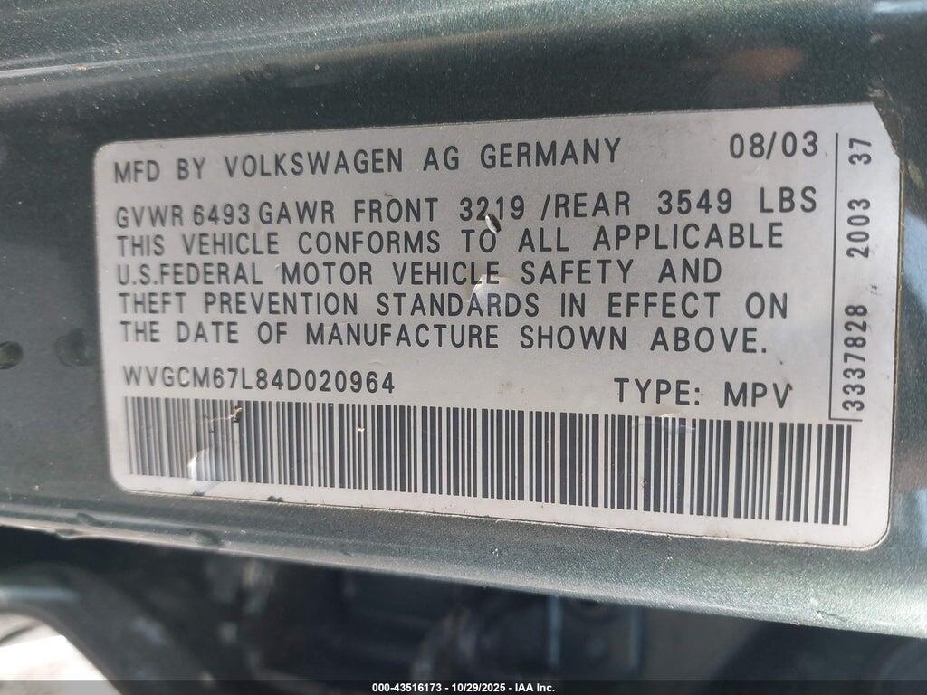 WVGCM67L84D020964 2004 VOLKSWAGEN TOUAREG photo no. 9