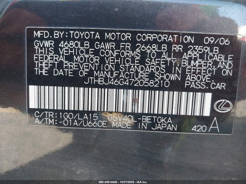 JTHBJ46G472058210 2007 LEXUS ES 350 photo no. 9