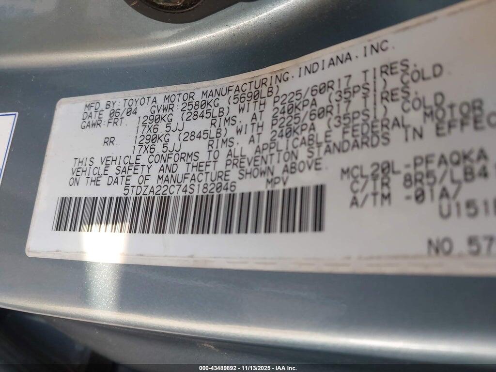 5TDZA22C74S182046 2004 TOYOTA SIENNA photo no. 9