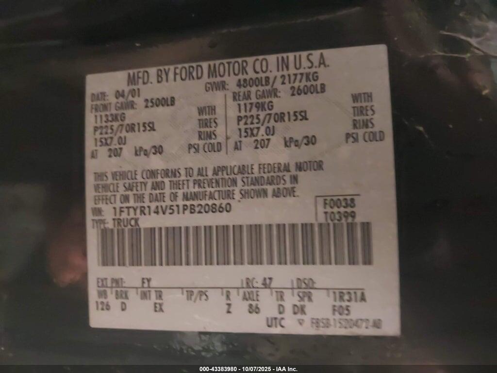 1FTYR14V51PB20860 2001 FORD RANGER photo no. 9