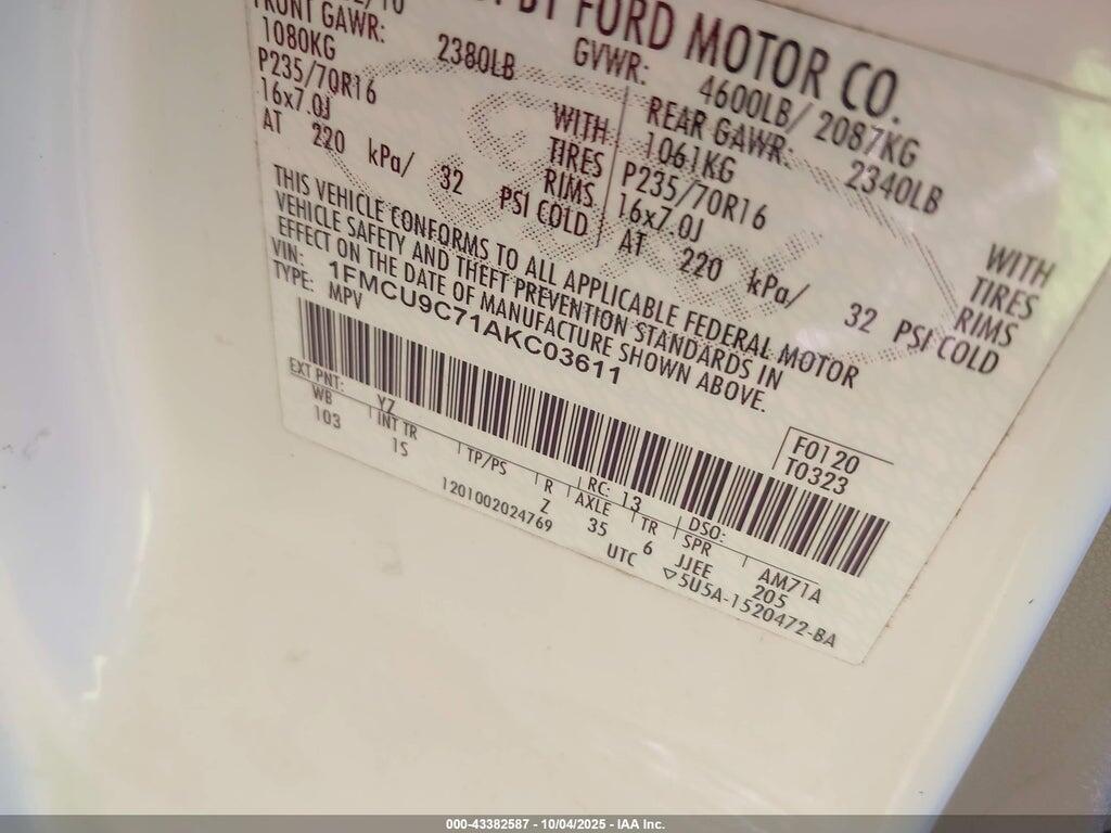 1FMCU9C71AKC03611 2010 FORD ESCAPE photo no. 9