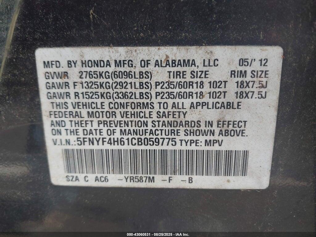 5FNYF4H61CB059775 2012 HONDA PILOT photo no. 9
