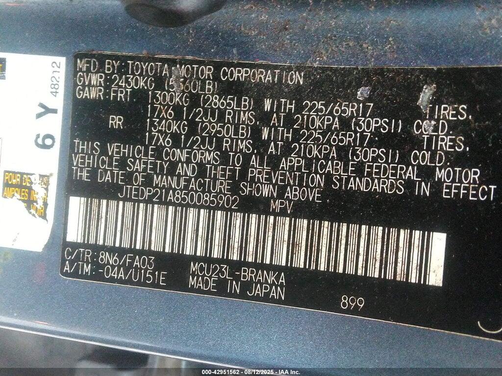 JTEDP21A850085902 2005 TOYOTA HIGHLANDER photo no. 9