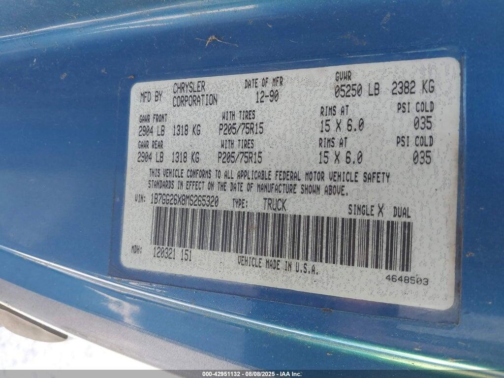 1B7GG26X8MS265320 1991 DODGE DAKOTA photo no. 9