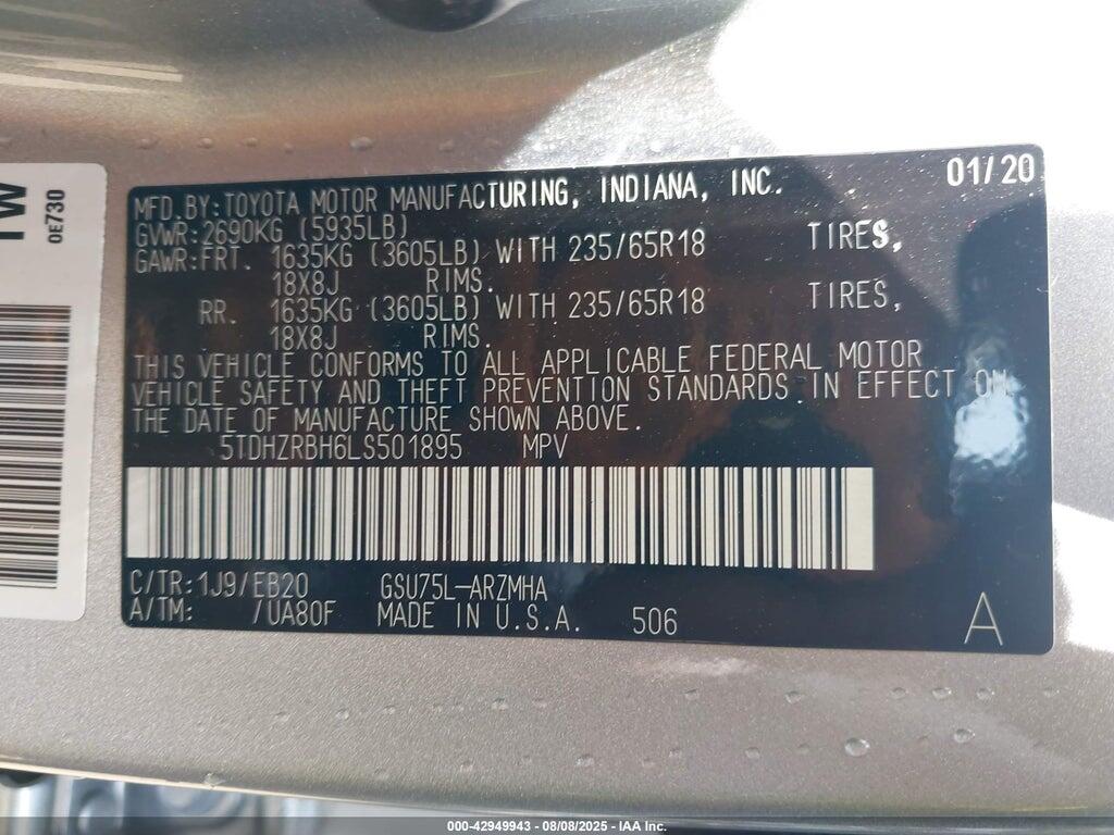 5TDHZRBH6LS501895 2020 TOYOTA HIGHLANDER photo no. 9