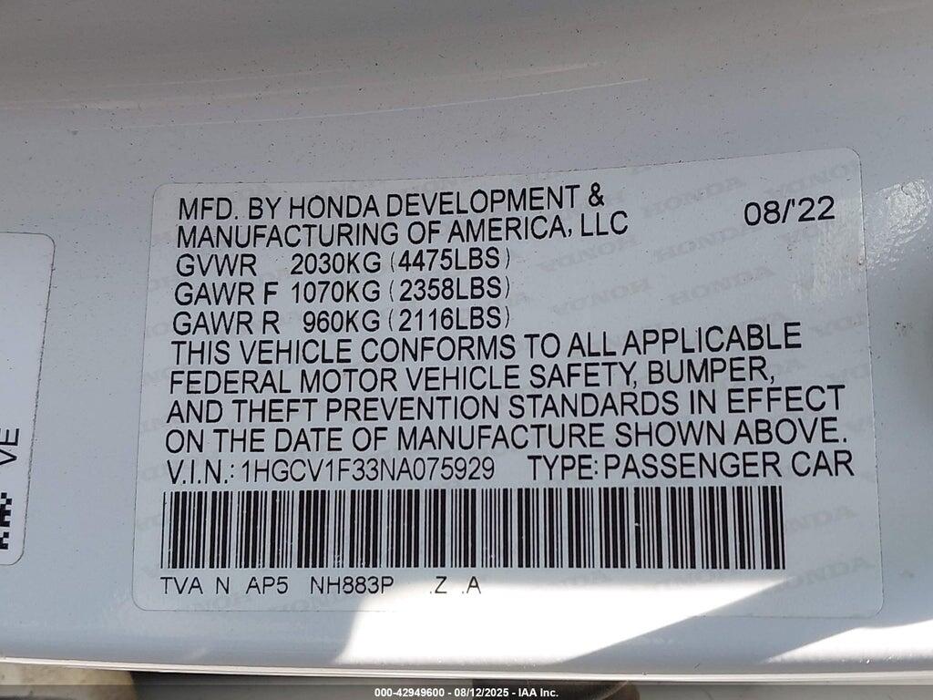 1HGCV1F33NA075929 2022 HONDA ACCORD photo no. 9