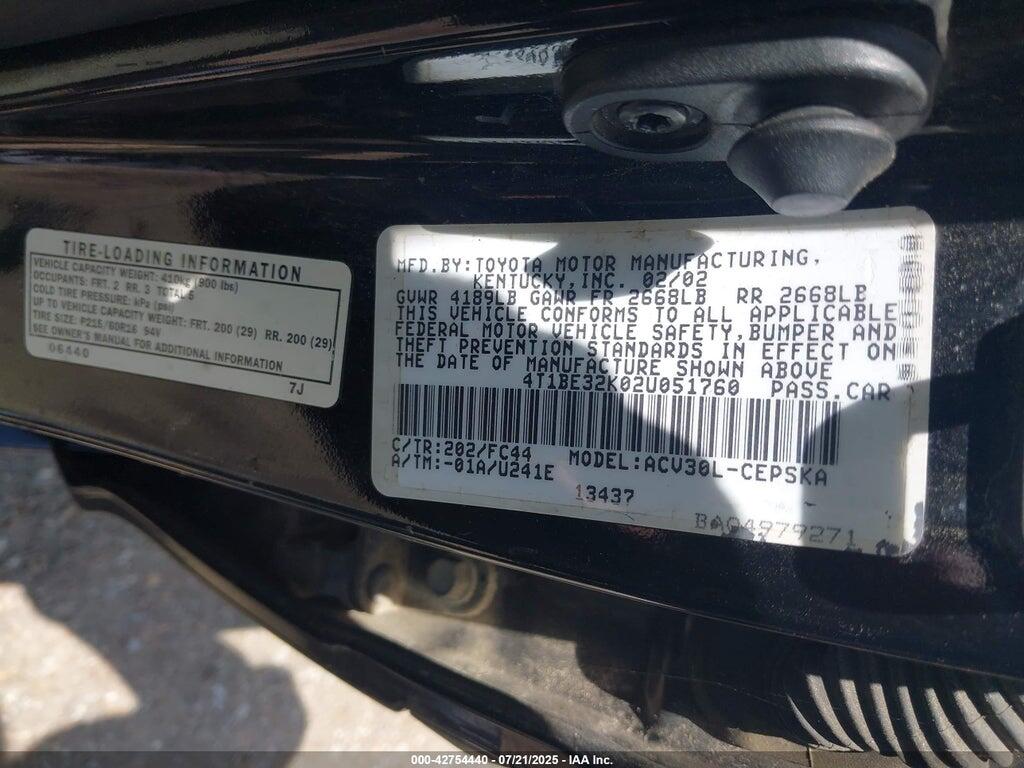 4T1BE32K02U051760 2002 TOYOTA CAMRY photo no. 9