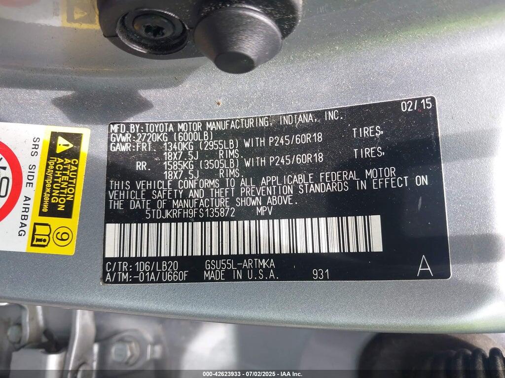 5TDJKRFH9FS135872 2015 TOYOTA HIGHLANDER photo no. 9